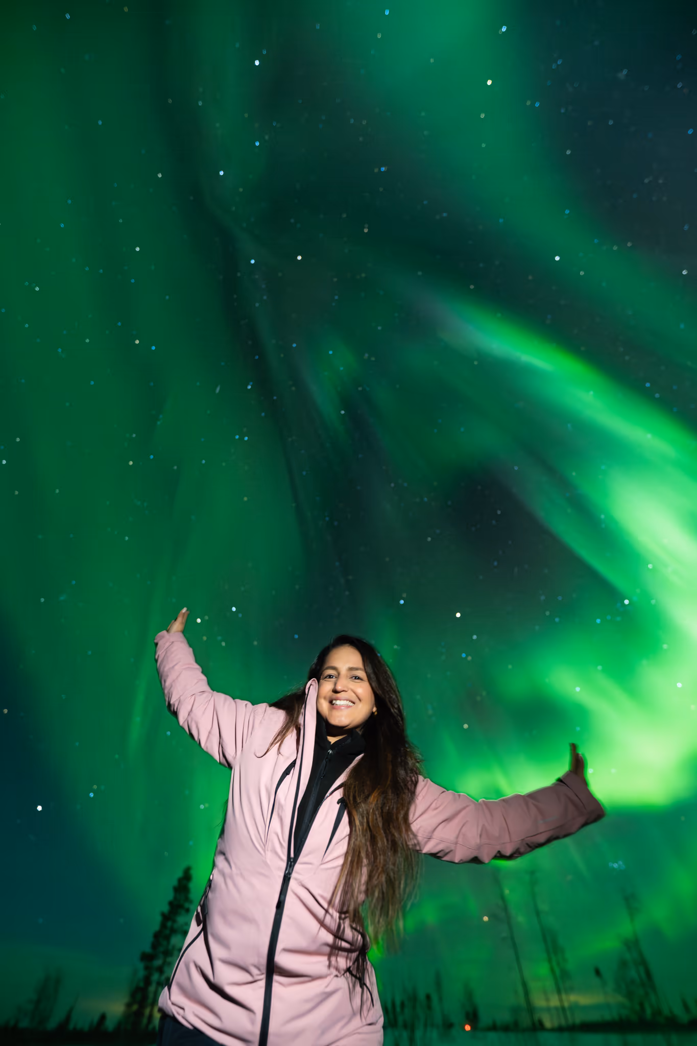 Guest in a pink jacket with arms raised beneath green aurora