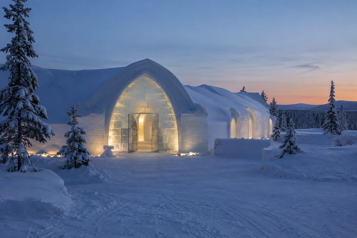 Generated illustration of an ice hotel exterior at dusk; an optional overnight stay