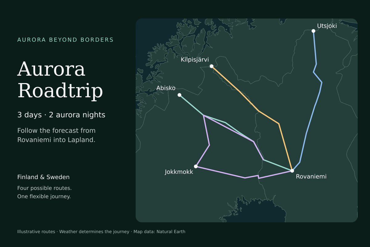Overview of four possible Aurora Roadtrip routes from Rovaniemi across Finnish and Swedish Lapland
